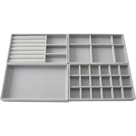 Plateau à bijoux quatre pièces, boîte à bijoux, organisateur de rangement pour boucles d'oreilles, présentoir à bijoux gris quatre pièces