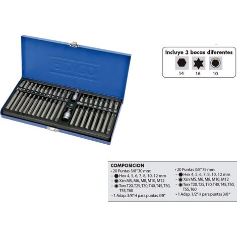 JEU DE 42 EMBOUTS 3/8" AVEC MÉTALIQUE.