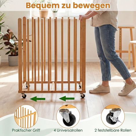 Râtelier de rangement pour toiles en bambou naturel avec 4 roues universelles et poignée latérale pour atelier, studio et classe (1/5)