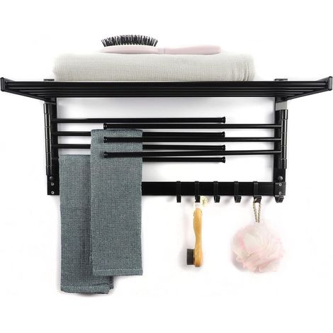 Schwenkbarer, wandmontierter Handtuchhalter aus Aluminium – Bewegliche Haken und 90°-Ablage – Kein Bohren erforderlich – Platzsparend für Waschküche und Badezimmer (60 cm, 7 Stangen, Schwarz)
