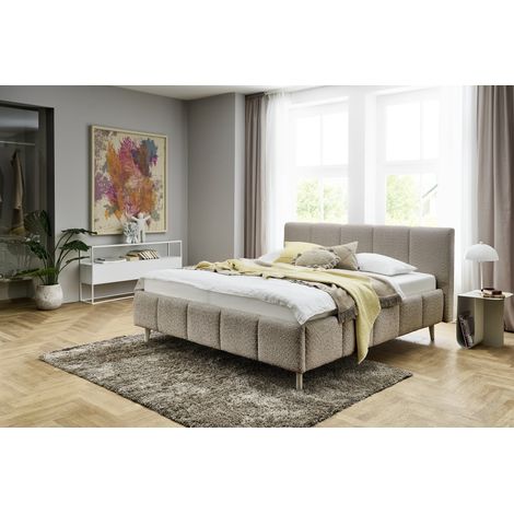 Meise Möbel Stauraumbett Alva 180x200 cm Bettkasten & Lattenrost Bouclé-Stoff Cappuccino Holzfuß sandfarbig (1/5)