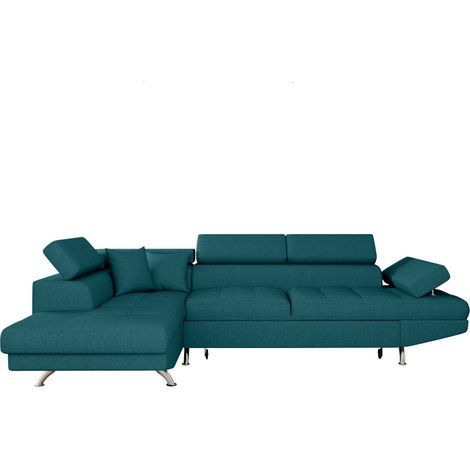 Loungitude – Canapé d'angle convertible 5 places avec coffre de rangement – Accoudoir réglable – Dimensions 271 x 192 x 70/85 cm – Bleu