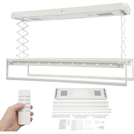 HAUTOUR Séchoir à linge électrique pour montage au plafond, mural et au plafond avec ventilateur + télécommande + stérilisation à lumière bleue, étendoir à linge élévant, plafond, 130 à 215 cm, réglab (1/5)