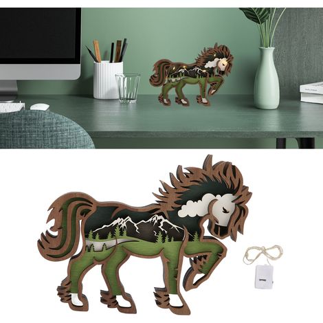 Décoration Murale Bois Sculpté 3D  Figurines Cheval et Poulain en Bois de Buis  Ornements Éclairés pour Maison (17.5 x 13.5 x 2.5cm) avec Piles LR44 (1/5)
