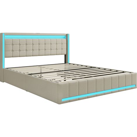 Lit double en lin beige, 160 x 200 cm, avec éclairage LED intégré à la tête et au pied de lit, équipé de 4 tiroirs en fer et de ports de chargement USB sur la tête de lit. (1/4)