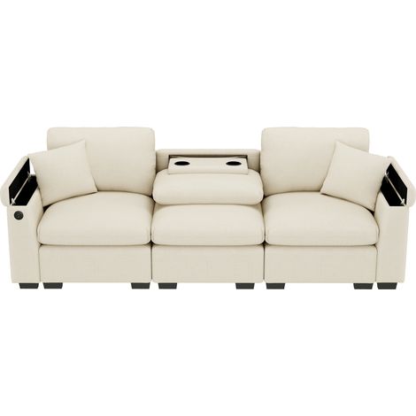 Canapé 3 places modulable en chenille avec table pliante, port USB, porte-boissons et rangement intégré (1/5)
