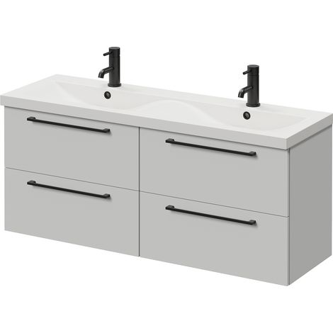Napoli 390 Gloss Grey Pearl 1200mm Wall Mounted 4 Drawer Vanity Unit with Double Glide Basins - 1200mm - Matt Black 320mm Handle