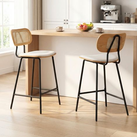 Wahson Rattan Counter Stools 2Pcs - Modern Bar Chairs with Metal Legs for Kitchen Home, White