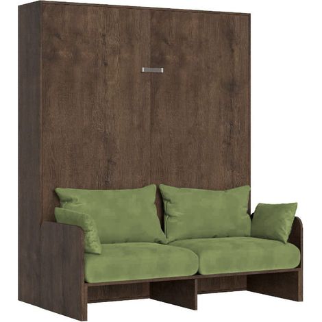 Lit double escamotable Kentaro 160 cm avec canapé en noyer, vert