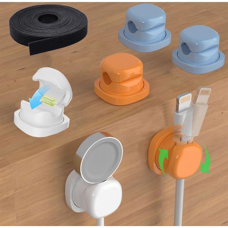 Organisateur Câble Set [INCL. 6 Accroche Cable Rotatifs à 360°, 1 Attache Cable Scratch Nylon] - Clips Câble à Ressort Autocollant, Maison Range Cable, Support Cable Bureau pour HDMI, Charge, Audio (1/5)
