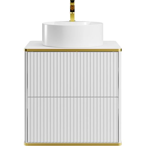 Meuble de salle de bain suspendu strié liseré doré avec vasque à poser ronde - Blanc - L60 cm - KELIZA (1/4)