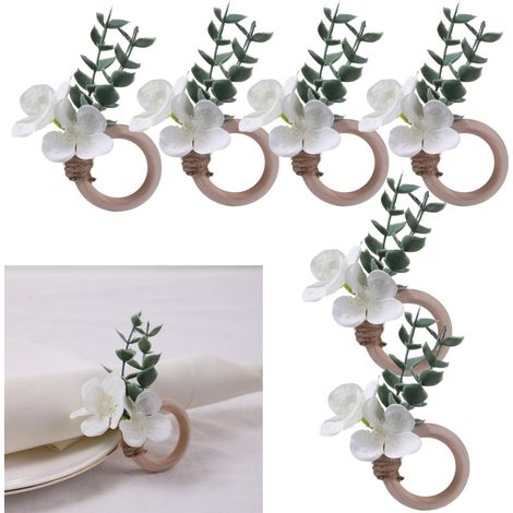 Lot de 6 ronds de serviette en perles de bois style bohème pour Pâques, Thanksgiving, Noël, anniversaire, dîners, décoration de table de fête de mariage (blanc) (1/5)