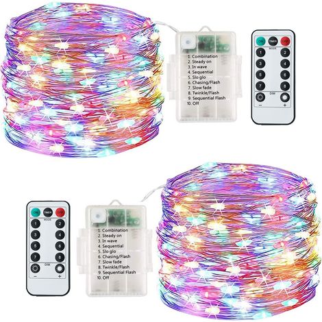 Guirlande lumineuse à piles, lot de 2 guirlandes lumineuses de 13 m avec 120 LED étanches, avec 8 modes, télécommande, guirlandes lumineuses d'intérieur/extérieur pour jardin, mariage, fête, festival (1/5)