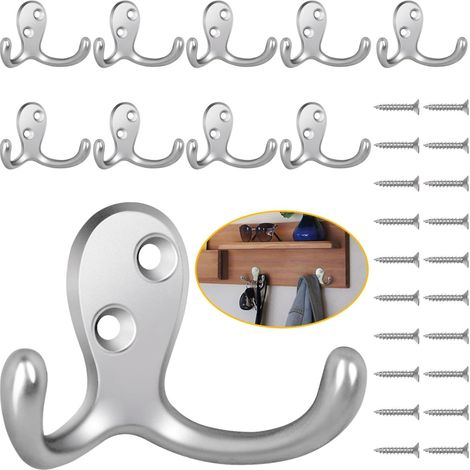 Gancho de pared de doble punta de alta resistencia, paquete de 10 (20 tornillos incluidos), gancho plateado resistente a la corrosión (apto para toallas, ropa, bolsos, sombreros, tazas y llaves). (1/4)
