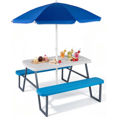 Table de Pi-ni pour Enfant, Table d’Extérieur 4 Personnes avec Bancs Intégrés, Parasol Détachable et Réglable en Hauteur, Salon de Jardin, pour 3+ Ans (1/5)