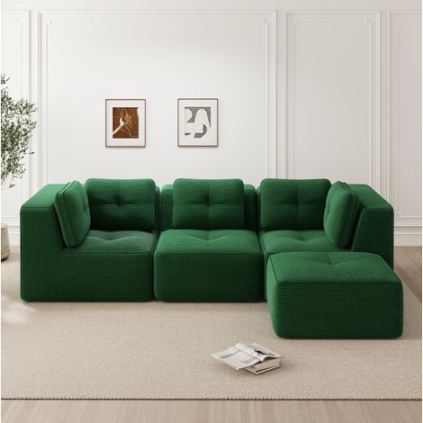 Divano angolare modulare in velluto a coste verde con ottomana, senza montaggio (1/5)
