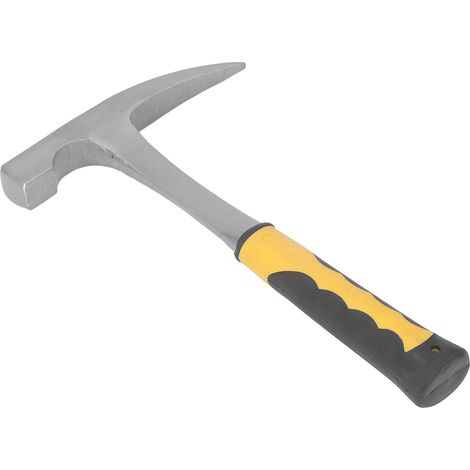 Marteau géologique d'exploration, tête pointue et plate, manche jaune, version courbée, outil de terrain robuste, emballage protecteur en bulles requis, pour géologues et pros. (1/5)