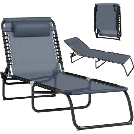 Bain soleil transat pliable dossier inclinable multipositions acier thermoplastique lacets élastiques noir (1/5)