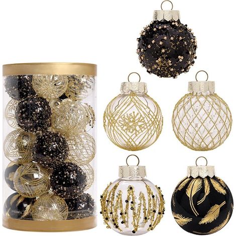 Juego de 25 bolas navideñas 2024, adornos de bolas navideñas rojas, cinturón para la cima del árbol de Navidad, para decoraciones navideñas de interior, bodas y fiestas al aire libre (negro y dorado). (1/5)