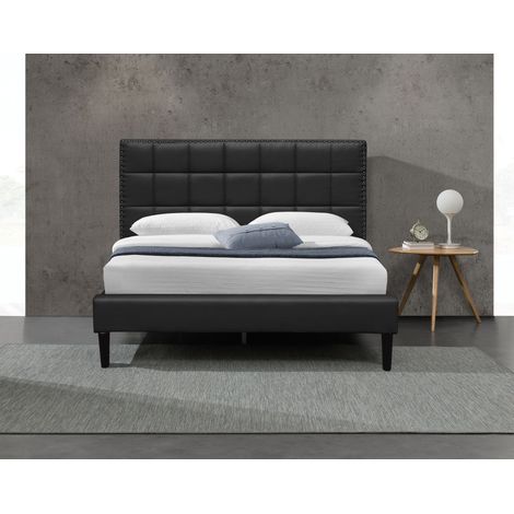 Letto 140x190 - Rete + Testiera Capitonnata Bianca - Piedi da 16 cm - 13 Doghe - Rivestimento PVC Similpelle - Montaggio Rapido - Comfort Ottimale - Letto Riley Nero