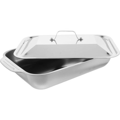Plat Inox avec Couvercle, Plaque de Cuisson Profonde Rectangulaire en Acier Inoxydable pour Barbecue et Réunions Familiales, Plat à Rôtir Polyvalent et Résistant (1/5)