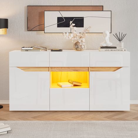 Wohnzimmer-Sideboard 140x40x70 cm Weiß Holzdekor Spanplatte mit 4 Schubladen, 2 Schränken und LED-Beleuchtung (1/5)
