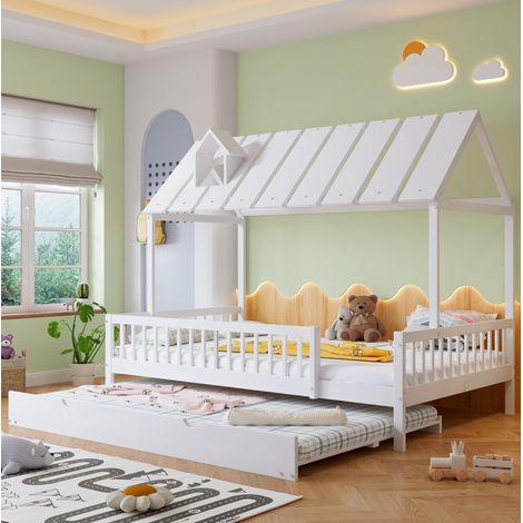 Cama infantil 120x200 cm blanca de pino y MDF con cama nido, techo y barandilla (1/5)