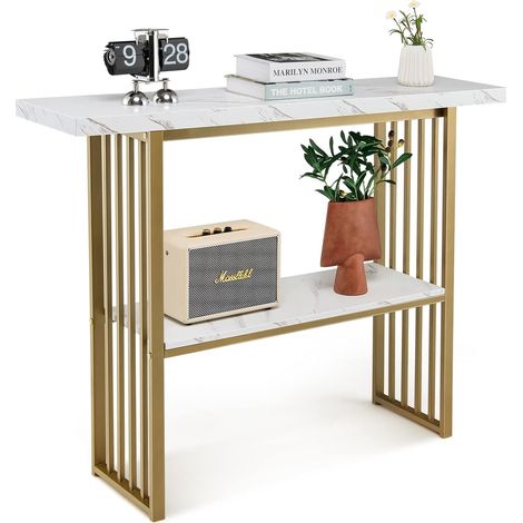 Costway – Table console scandinave 2 niveaux effet marbre – Structure en acier doré – Dimensions 120x29,5x92,5 cm – Rangement élégant pour salon et entrée