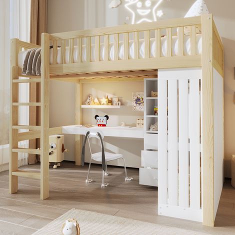 Lit minuit,140200cm,bureau,armoire,3 tiroirs,espace de rangement ouvert,rampe,escaliers,sans matelas,naturel