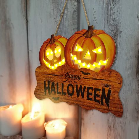 Panneau Décoratif Halloween - Citrouille en Bois avec Éclairage Intégré - Accroche Porte ou Mur Intérieur/Extérieur - 1 Pièce (1/4)