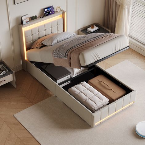 Letto contenitore 90x200 cm - Letto singolo 90x200 cm e rete - Testiera con orecchie, LED e USB Type-C - Lino beige (1/5)