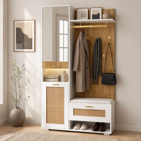 Set de recibidor con armario, espejo, banco, ganchos dorados y LED de 16 colores, 110 x 38 x 190 cm, ideal para el pasillo, con puertas en efecto ratán y CHICFURN (1/5)