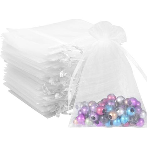 100 sachets en organza blanc transparent de 10 x 12 cm avec cordon de serrage, parfaits pour l'emballage et le rangement de petits cadeaux, bijoux et autres objets. (1/5)