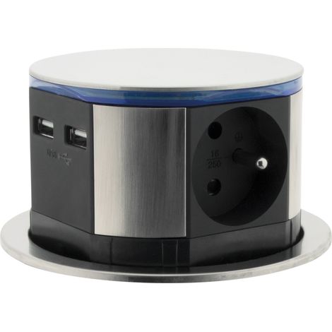 Otio – Bloc multiprise encastrable 3 prises 16A 3680W avec 2 USB – Câble H05VV-F 1,5mm² 1,5m – Indice de protection IP20