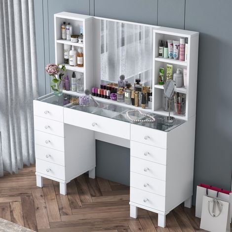 Coiffeuse 11 tiroirs avec miroir et plateau transparent 120 cm blanc (1/5)