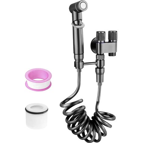 Toiletten-Duschset, ein Einlass und zwei Ausgänge, zwei Ausgänge und zwei Schalter, 360° drehbare Halterung, ausgestattet mit 1,4 m langem Duschschlauch für Badezimmer und Toiletten (schwarz)