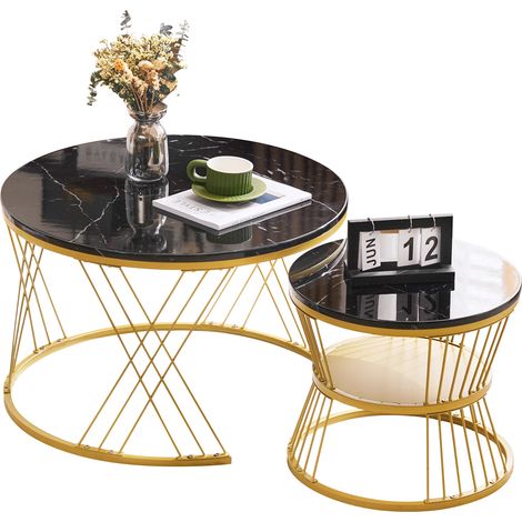 Tables basses gigognes modernes, set de tables basses laquées brillantes, placage marbre, tables d’appoint rondes pour canapé, lot de 2, structure dorée,noir