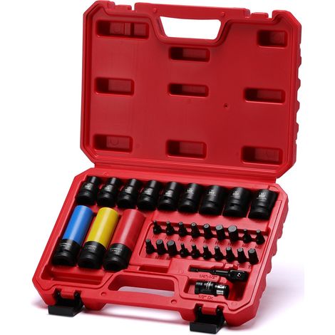 Lot de 33 douilles à choc peu profondes 1/2", 10-22 mm, comprend 19 embouts d'alimentation S2, 3 douilles à choc pour protection de roue de 17,19,21 mm, adaptateur de foret, CR-MO, zone (1/5)