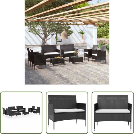 vidaXL Fauteuil extérieur -  Salon de jardin 8 pcs avec coussins Résine tressée Noir (1/5)
