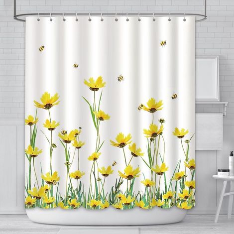 180x180cm Printemps Fleur Rideau de Douche Abeille Rideau d'été Jaune Gerbera pollens Illustration Impression Polyester matériaux imperméables Maison Ensembles de Baignoire avec 12 Crochets. (1/5)