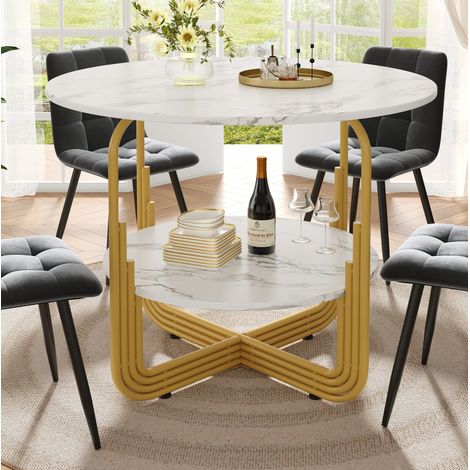 Runder Tisch 80x80x76 cm Aus Mdf In Marmorimitat, X-Gestell Goldfarben Und Stauraum (1/5)