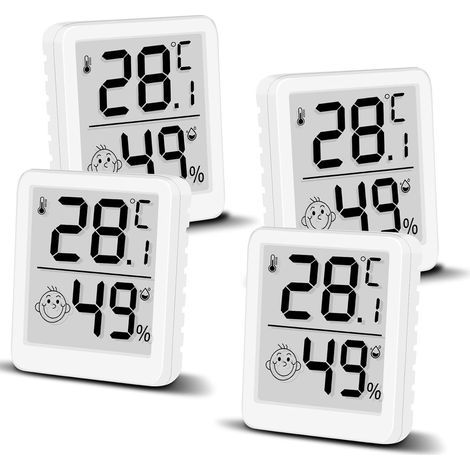 Lot de 4 thermomètres hygromètres numériques avec smiley et écran LCD pour l'intérieur - Mini humidimètre - Capteur de température de haute précision pour chambre de bébé, intérieur, bureau, salon (1/5)