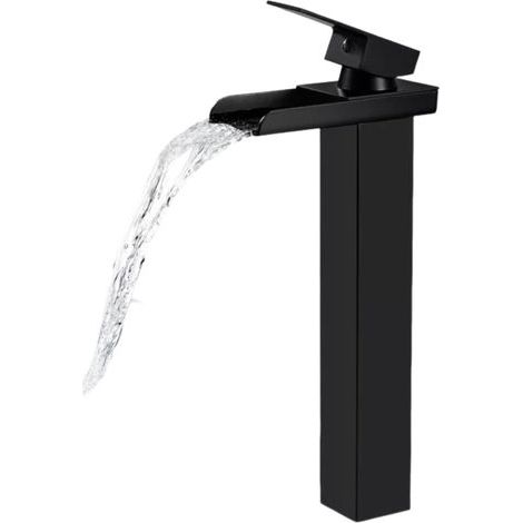 Robinet Salle Bain Cascade Noir Mat, Mitigeur Lavabo Cascade Haut, Robinet Lavabo avec bec Hauteur, Robinetterie Vasque à Poser Carré en Laiton, Eau Froide & Chaude Disponible (1/5)