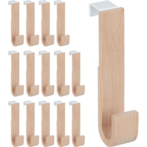 Ganchos Puerta Set 15 Madera y Hierro, Chaquetas, Toallas, Colgadores Pasillo, 13x2,5x6 cm, Blanco y Natural (1/5)