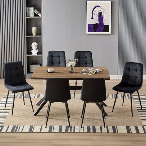 Ensemble table à manger - WAFTING - 140x80 cm - 6 chaises velours noir - Structure métal & bois - Rectangulaire (1/5)