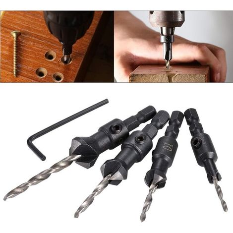 4 pcs HSS Tige hexagonale conique et renforcé Fraise conique Drill Cône Bits Set de outils de travail du bois avec petite Clé (1/5)