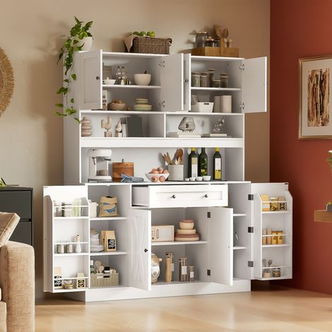 Aparador de cocina con encimera y conexión eléctrica, 140 × 40 × 185 cm, amplio mueble de cocina con cajón, estantes ajustables y espacio de almacenamiento en la puerta, estilo rústico, color blanco c (1/5)
