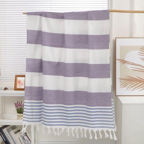 Serviette de plage Boho à franges 90x180 cm Blanc/Violet
