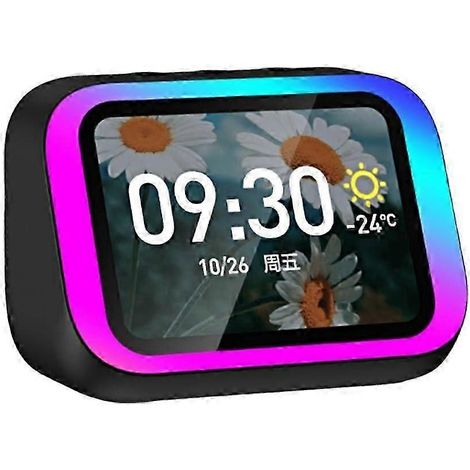 Réveil intelligent avec haut-parleur Bluetooth, assistant vocal IA, grand écran haute définition, album photo personnalisable, prévisions météo, appels mains libres et lumières colorées noir, 1 unité (1/5)