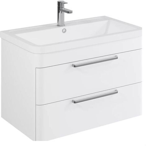 Balterley Calwich Contemporary Bathroom Wall Hung Vanity Unit with 2 Soft Close Drawers & 1 Tap Hole Ceramic Basin, Gloss White, 800mm